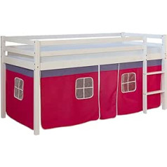 Homestyle4u 538 Children's Bunk Bed with Ladder, Pink Curtain, Solid Pine Wood, White, 90 x 200 cm