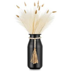 Sziqiqi Decorative Vase Black - 23 cm Boho Vases with Bead Cords for Pampas Grass Vintage Metal Flower Vase for Table Living Room Matt Cylinder Vase for Dried Flowers Roses Branches