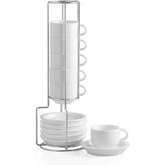 Sweejar mājas porcelāna espresso krūzes un apakštase, saliekama ar metāla statīvu, 70 ml Latte Coffee Cafe Mocha tējas komplekts ar 6 baltiem