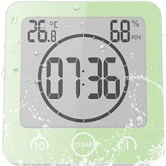 ALLOMN Bathroom Clock, LCD Digital Shower Alarm Clock, Waterproof Touch Control, Temperature Humidity, Countdown Timer, 3 Mounting Methods, Battery Power (Green)