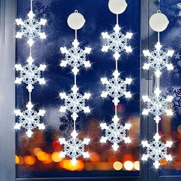 VEEKAY 4 LED Ziemassvētku lampiņu komplekts, Ziemassvētku gaismiņas, 12 x LED Snowflakes Ziemassvētku elementi, auksti balts gaismas aizkars ar piesūcekņiem, taimeris, darbināms ar baterijām, Ziemassvētku dekorēšanai