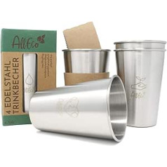 AllEco® Stainless Steel Mugs, Set of 4, 350 ml & 500 ml Drinking Cups, Metal Children's Camping Outdoor 17 oz Stackable - Sustainable, Reusable, Plastic-Free & Zero