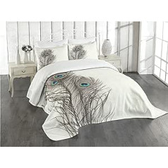 ABAKUHAUS Peacock Exotic Bird Feather Bedspread Set with Pillowcases Digital Print for Double Bed 220 x 220 cm, White Taupe and Blue