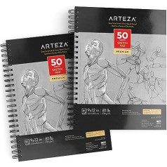 Arteza Sketch 22,9 cm x 30,5 cm zīmēšanas spilventiņu komplekts, 2–50 loksnes katra — 120 g/m² Smags papīrs Spirāli iesiets skiču bloks — pelēks zīmēšanas papīrs — plašam sauso materiālu klāstam