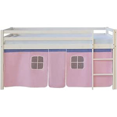 Homestyle4u 1535 Children's Bunk Bed White with Ladder, Curtain Pink, Solid Pine White, 90x200 cm