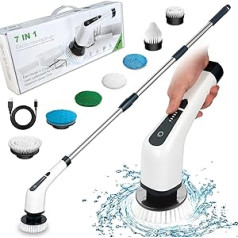 Electric Spin Washer, Battery Cleaning Brush with 7 Interchangeable Drill Brush Heads, Tub and Floor Tiles, Power Scrubber Mop with Adjustable Handle for Bathroom, Kitchen, Car (White)