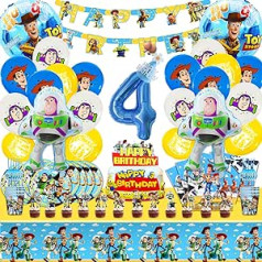 101-Piece Birthday Decoration Set, 4 Years Party Tableware Set Balloons, 4 Years Decoration Birthday Balloons, Banner Tablecloth, Plate, Cake Lid, etc. Boys and Girls Party Supplies