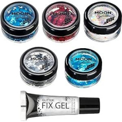 Moon Glitter Chunky Glitter by Moon Glitter - Юбилейный набор из 5 цветов + фиксирующий гель - Косметические блестки для макияжа Festival Festival для лица, тела, ногтей, 