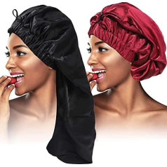 2 x Satin Hair Cap Foldable Extra Long Braid Cap with Button Single Layer Sleep Cap Soft Hair Sleep Cap for Black Women Large Hair Cap for Dreadlocks