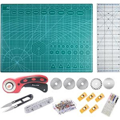 Griešanas paklājiņš A2 Griešanas paklājiņš 45 x 60 cm auduma griezējs Rotācijas griezēju komplekts ar 5 nomaināmiem asmeņiem, 15 x 45 cm raibs lineāls, auduma skavas Šķēres Adatas adatas Mērlente Šūšanas piederumi