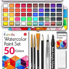 Funcils Watercolour Paint Set - Watercolour Painting Box Including 50 Watercolours with Metallic Colours and Fluorescent Paints, Watercolour Painting for Beginners and Professionals, Watercolour Box