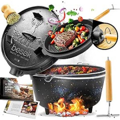 besøk Dutch Oven Set 9 Litres with Innovative Lid Lifter - Fire Pot Burnt with Feet + Recipe Book + Cleaning Brush - Cast Iron Cooking Pot for BBQ at the Campfire