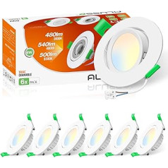 ALUSSO LED padziļināts prožektors, 230 V, 6 W, 3CCT slīps padziļināts prožektors, LED, plakans, silti balts, 3000 K, dabiski balts, 4000 K, vēsi balts, 6500 K, IP20 padziļināts prožektors, LED aptumšojams virtuvei,