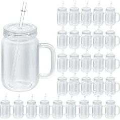 Vesici 30 Pack 16oz Caurspīdīgas plastmasas mūra burkas ar rokturiem, platas mutes dzeršanas krūzes ar vākiem un salmiņiem, Mason Jar, Mason Jar, krūzes, neplīstošas kafijas glāzes