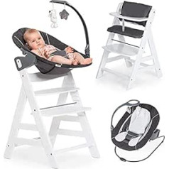 Hauck Alpha Plus Newborn Set Deluxe - Baby Holz Hochstuhl ab Geburt mit Liegefunktion - inkl. Aufsatz für Neugeborene & Sitzpolster - mitwachsend, verstellbar - Weiß Grau