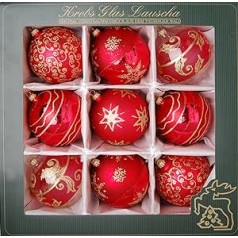 Krebs Glas Lauscha - Glass Christmas Tree Decorations - Satin Glass Ball Assortment in Red - Size Approx. 10 cm - Pack of 9