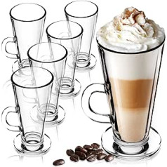 KADAX Latte Macchiato glāzes, komplekts 6, 260 ml, kafijas glāzes ar rokturi, glāzes tējas glāzes, glāzes kafijai, tējai, kapučīno, kokteilis, ūdens, sula, ledus tēja, glāžu komplekts