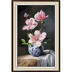 Joy Sunday 14CT Cross Stitch DIY Art Crafts Hands Sewing Kit DMC Izšūšanas komplekts iesācējiem Iepriekš apdrukāts motīvs (Magnolia Blossom, 40x60cm)