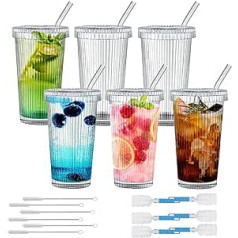 Inevoc Glasbecher mit Deckel und Strohhalmen, 340 ml, Eiskaffee-Glasbecher, ideāls Kaffee, Cocktails, Saft, ästhetische Gläser als Geschenk, geripptes Glasbecher-Set mit Reinigungsbürste, 6 Stück