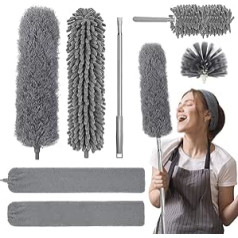 7-Piece Telescopic Duster Flexible Chicken Feather Duster Cobweb Brush Dust Brush with Telescopic Rod for Ceilings, Ceiling Fans, Cobwebs (Grey)