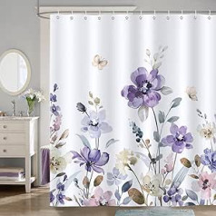 Bonhause Shower Curtain Purple Watercolour Flowers Leaves Plants Shower Curtains 180 x 180 cm Anti-Mould Waterproof Polyester Fabric Washable Bathroom Curtain for Bathroom with 12 Hooks