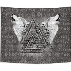 Arsey Viking Sienas Apdares Gobelēns Valknut Sienas Mākslas Sienas Paklājs Wolf Totem Rune Sienas piekarināmais Nordic Viking Runes Sienas dvielis Melns Balts Estētisks dekors Personalizēts Gobelēns Liels 200 x 150 cm