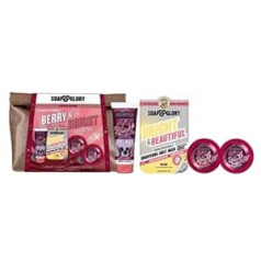 Soap & Glory Berry & Bright tualetes piederumu maisiņš — dāvanu komplekts 2023. gada Ziemassvētkiem — Berry & Bright ķermeņa mazgāšanas līdzeklis, ķermeņa sviests, spoža un skaista starojuma maska un mirdzošs tualetes piederumu maisiņ