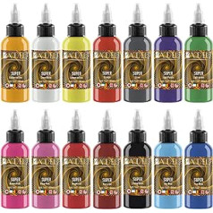 DLD Golden Swirls Baodeli 14 daļiņu tetovēšanas tintes komplekts — vegāns — mūžīgā profesionālā tetovēšanas tinte 1 unces 30 ml pudele LOT žilbinošas dinamiskas līnijas — universāls tetovēšanas tintes komplekts