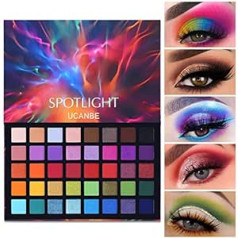 Ucanbe 40 Colours, Spotlight acu ēnu palete, multi-reflective Shimmer Glitter Peacock acu ēnas, profesionālas acu ēnas, matēts mirdzums, grima palete, ļoti pigmentētas, krāsainas pūdera acu ēnas