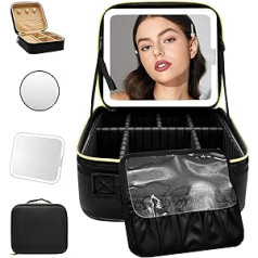 WITFAMILY kosmētikas soma ar spoguli un gaismu, profesionāla grima soma ar 1/10 x spoguļiem un 3 krāsu gaismām, kosmētikas maciņš ar regulējamiem sadalītājiem, kosmētikas organizators sievietēm, melns