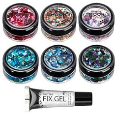 Moon Glitter Mystic Coarse Glitter - 100% kosmētisks spīdums sejai, ķermenim, nagiem, matiem un lūpām - 3g - 6 krāsu komplekts