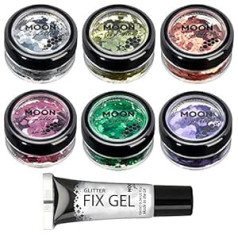 Moon Glitter Classic Coarse Glitter — 100% косметические блестки для лица, тела, ногтей, волос и губ — 3 г — набор из 6 цветов