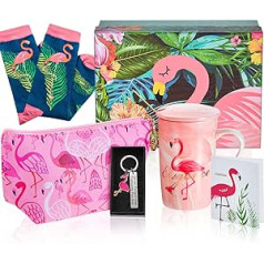 Nuenen Flamingo dāvanu komplekts sievietēm ar keramikas flamingo kafijas krūzi rozā kosmētikas somiņu ceļojumu kosmētikas somiņa zīmuļu futrālis zeķes atslēgu piekariņš apsveikuma kartiņu dāvanu kastīte draudzenei iepakojumā 5
