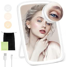 Aishikeke Rechargeable Compact Travel Makeup Mirror with 10x Magnification, 3-Color Lighting, Stepless Dimming, Cosmetic Mirror, Portable Lighted Makeup Mirror with Bag and