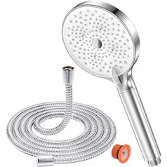 YEAUPE Shower Head with Hose 1.6 m Shower Head Water-Saving Shower Head with Filter, Shower Head Rain Shower with 6 Jet Types, Economy Shower Head Large (130 mm Diameter), Chrome/White