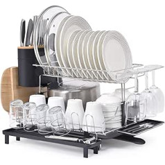 KINGRACK Aluminium Dish Drainer 304 Stainless Steel, Dish Drainer 2 Levels with Cutlery Holder Basket, Cup Holder, Wine Glass Holder, Chopping Board Holder, Anti-Rust Dish Basket Large for Sink