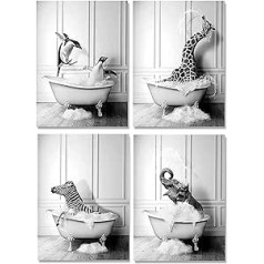 Dzīvnieku melnbaltas sienas mākslas izdrukas, audekls vannas istabas attēlu komplekts Smieklīgs zilonis, zebra pingvīni, žirafe, dzīvnieks vannā, attēli vannas istabas dekorēšanai (30 x 40 cm x 4 gab. — bez rāmja, smieklīgi dzīvnieki)