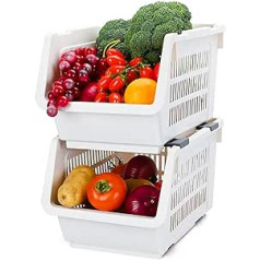 Baffect 2 Tier Stapeln Stand Korb, Stapeln Körbe Lagerung Veg Rack Kunststoff Stapler Lagerregal mit Rädern für Badezimmer Wohnzimmer Küche Gemüse Obst Lagerung (weiß)