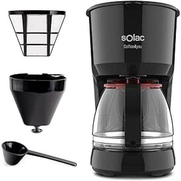 Solac CF4036 Coffee4You kafijas automāts, 1,25 L, līdz 12 tasītēm, stikla krūze, automātiska pilienu kontrole, sildīšanas plāksne karstai kafijai, ērta lietošana, mazgājams pastāvīgais filtrs, 750 W, melns, sarkans