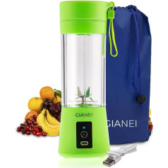 Gianei Portable Blender Smoothie Maker - Small Mixer for Vegetables and Fruits, Smoothie Maker to Go with Carry Bag, USB Rechargeable Battery Mixer, 380 ml Cup, 6 Stainless Steel Knives (Green)