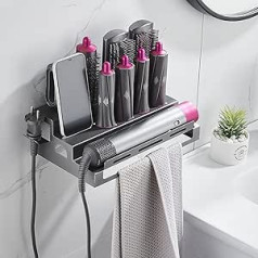 Hosoncovy Metal Wall Mount Organizer Stand Storage Rack with Towel Holder Table Organizer for Dyson Airwrap Styler and Brushes (Grey)