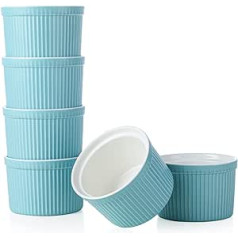 Henten Home 240 ml porcelāna suflē veidnes, komplekts pa 6, kastrolis cepšanai, pudiņš, krējuma brulē, pudiņa krūzes, pasniegšanas mērce, cepeškrāsnī, mikroviļņu krāsnī un trauku mazgājamajā mašīnā (240 ml, matēts zils)