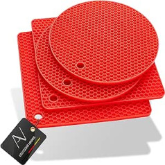 AVANA Silicone Coasters (Set of 4) Premium Pot Coasters Multifunctional Heat Resistant Pot Holder Dishwasher Safe Non-Slip Honeycomb Pattern (2 Round, 2 Square) - Red