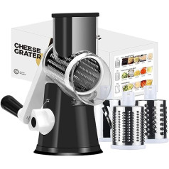 Ourokhome Rotary Cheese Grater Vegetable Slicer - Rotating Round Drum Grater Chopper with 3 Stainless Steel Drums Strong Suction Base (Black)