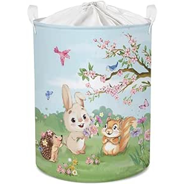 Clastyle 45L Spring Cherry Blossom Forest Animals Kids Laundry Basket Bear Fox Rabbit Squirrel Toy Basket Green Round Clothes Storage Basket for Baby Room 36 x 45 cm