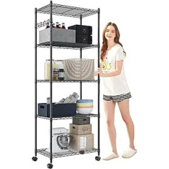 Devo 5 Tier Shelving Unit with Wheels, Height Adjustable Standing Shelf with Wheels, Pantry on Wheels, Storage Rack with Hooks for Bathroom, Kitchen, Black, 36 cm x 61 cm x 180 cm