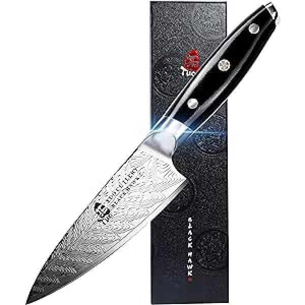 TUO Santoku pavāra nazis, virtuves nazis, šefpavāra nazis, vācu oglekļa nerūsējošā tērauda asa naža asmens, 15 cm, G10 rokturis, ar dāvanu kastīti, melns, Hawk S sērija