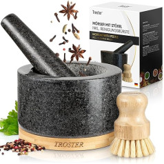 Troster® java ar piestu granītu – komplektā ietilpst tīrīšanas birste un koka paliktnis – java ar piestu Large XXL – java ar piestu granītu Large – akmens dzirnaviņas, java un piesta