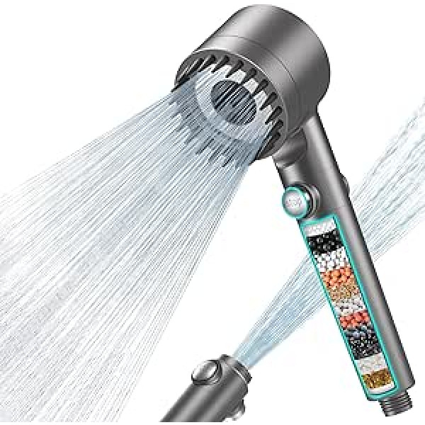 MEKO Shower Head with Filter High Pressure Hand Shower with 3+1 Jet Types, 1.5 m Hose Shower Head Filter with 15 Layers Against Hard Water, Residual Chlorine, Bacteria, Impurities and Heavy Metals