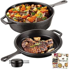 Overmont OV009 2-in-1 Cast Iron Dutch Oven with Pan Lid 3 I Cast Iron Pot + 1.4 L Pan Lid Ready to Use with Long Handle for Kitchen Camping Garden BBQ Baking